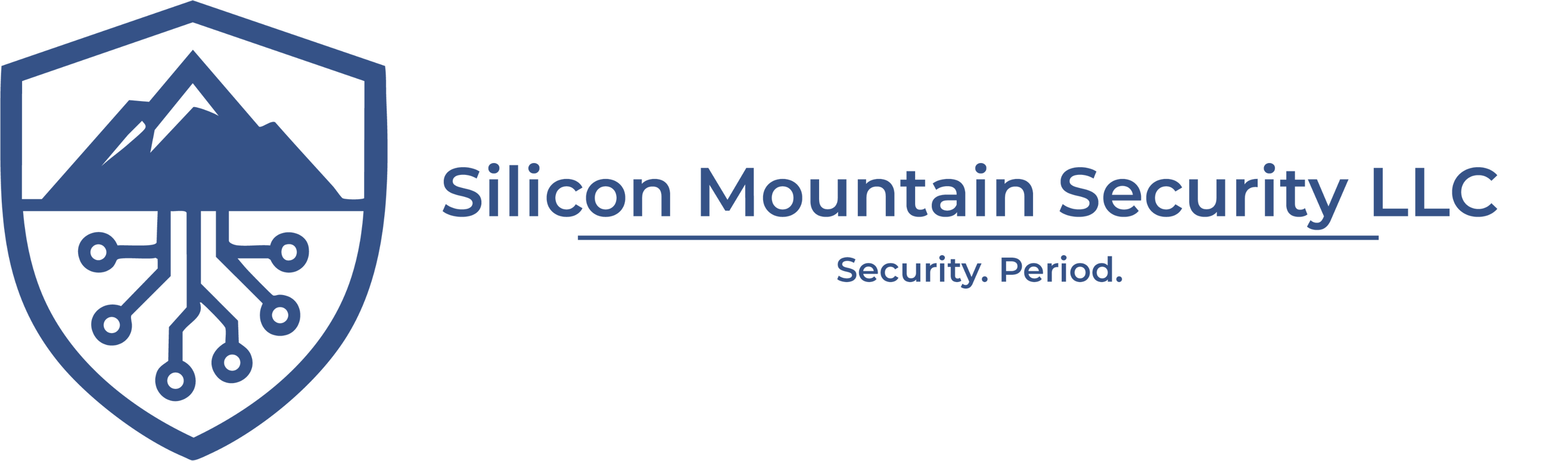 A shield (with a mountain peak silhouette in the upper half and circuit traces like roots in the lower half) icon appear next to the words "Silicon Mountain Security LLC" above a tagline that reads "Security. Period."