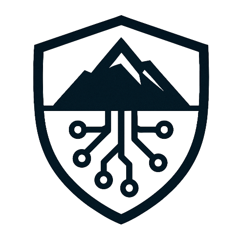 A shield (with a mountain peak silhouette in the upper half and circuit traces like roots in the lower half) icon.